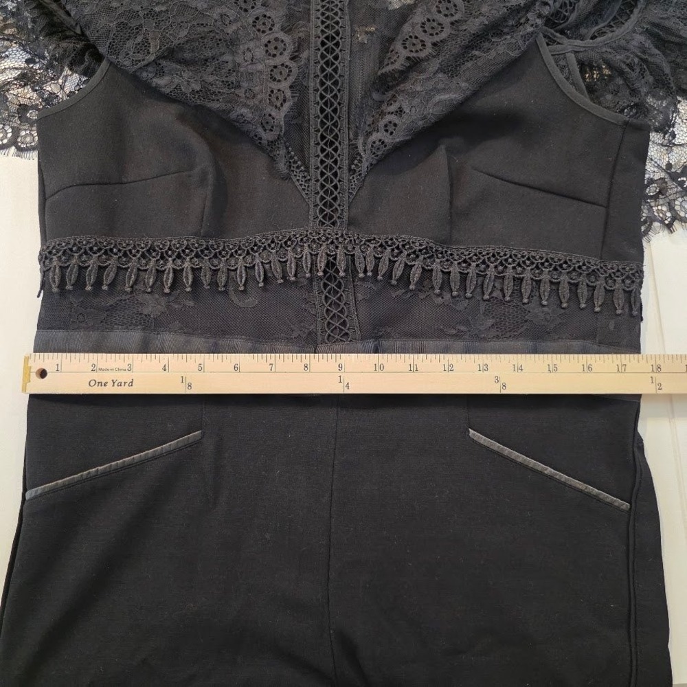 Self-Portrait Sz 10 Fine Lace Paneled Jumpsuit Black High Neck Ruffle Taper Leg - Picture 11 of 14